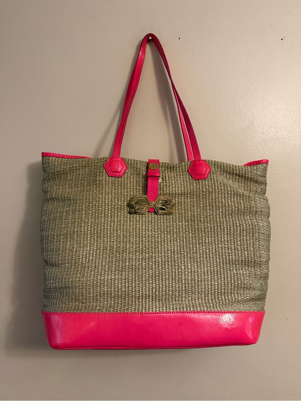 Jonathan Adler Duchess Straw Tote with Hot Pink Trim and Gold Hardware
